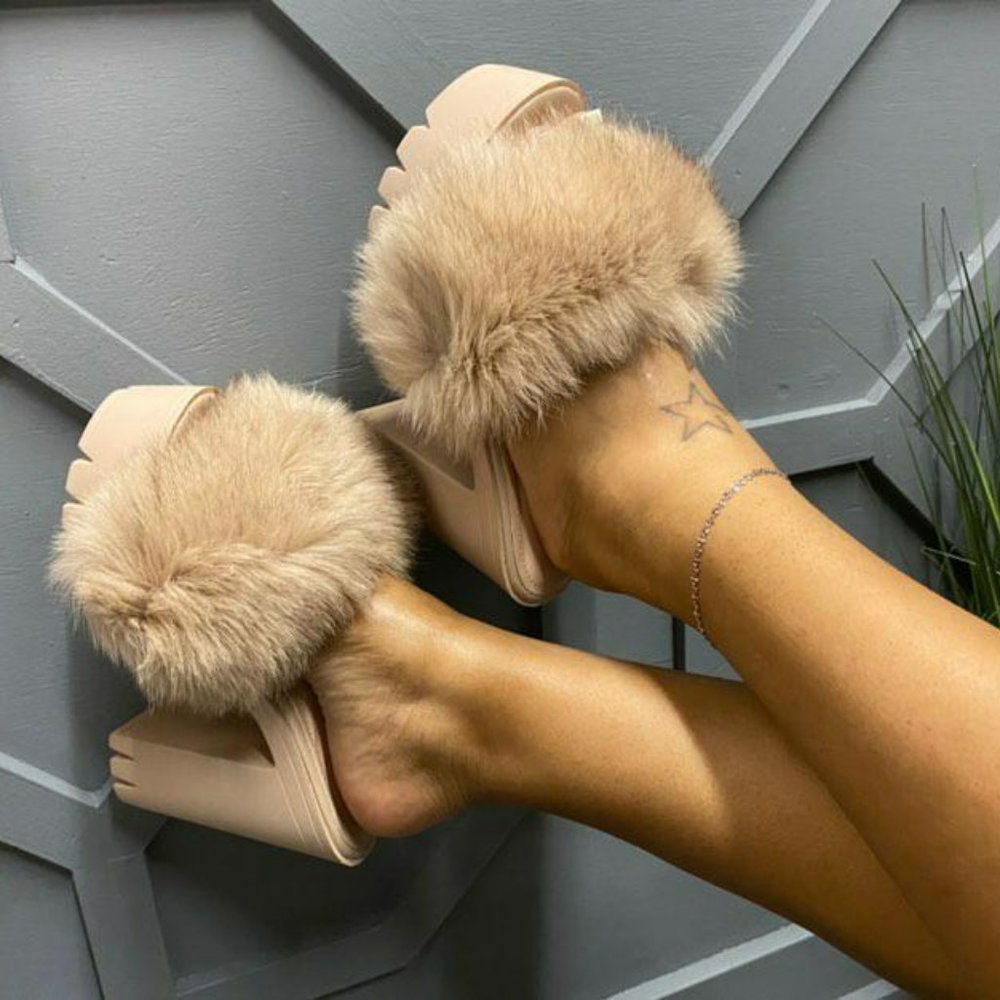 Cape Robbin Chardonnay Fur Block Heel - Nude